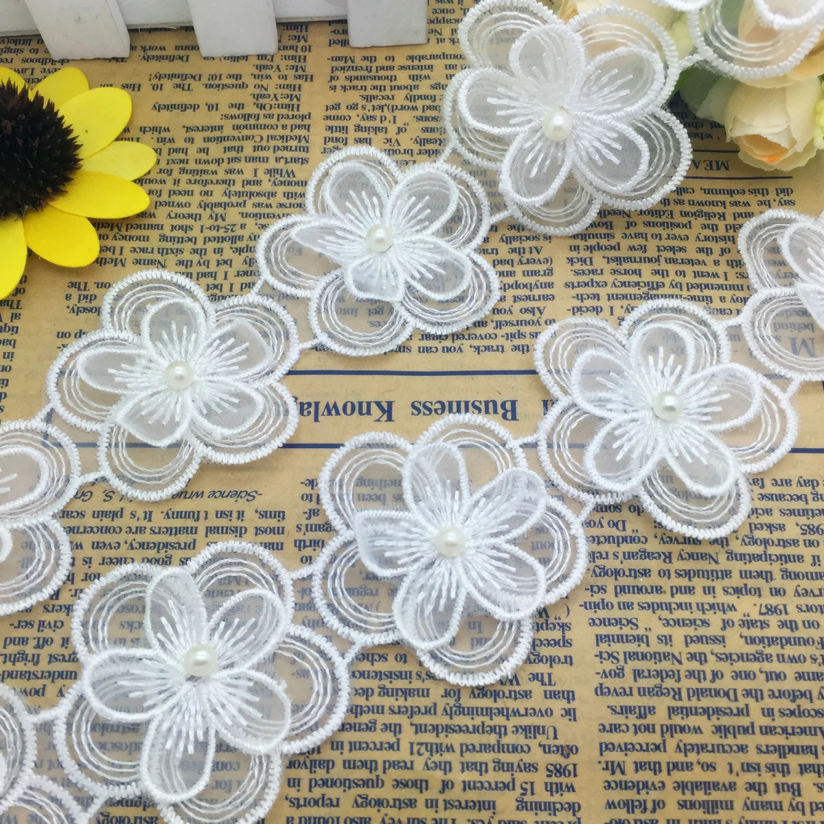 

New 1yard 50mm wide White Embroidered 2-layer Flower Applique Pearl Core Lace Trim Wedding dress Children accessories