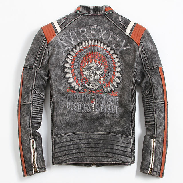 AMERICAN MOTORCYCLE SKULL EMBROIDERY GENUINE COWSKIN LEATHER JACKET