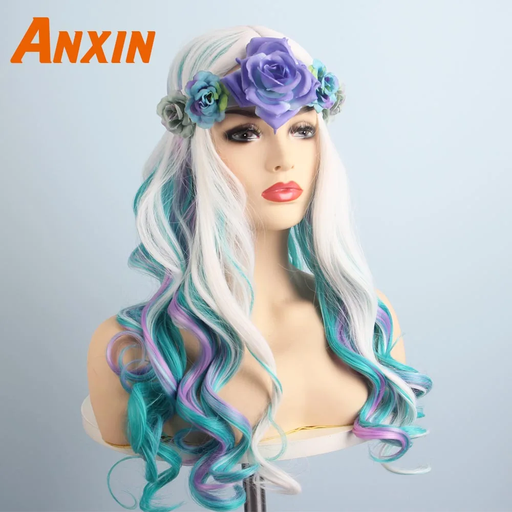 Anxin милые длинные волнистые красочные с цветком Bwoknot аксессуары вечерние аниме термостойкие синтетические парики для женщин девочек