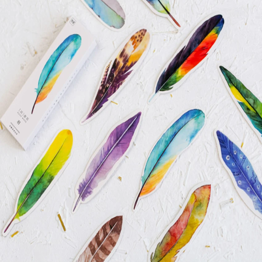 30Pcs/lot Lovely Colorful Feather Paper Bookmark Birds in Memory Paper Card Bookmark Film Bookmark Gift Stationery colorful cartoon school supplies unisex marker nature memory birds printing feather bookmark message card note card