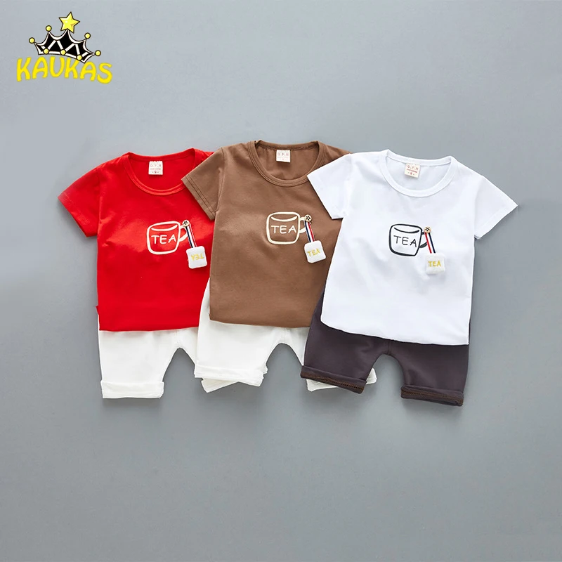 

KAVKAS Summer Cotton Kids Clothes Cartoon Coffee Printing Short Sleeves Tops Boy Clothes T-Shirt+Pants Set Baby Children Clothes