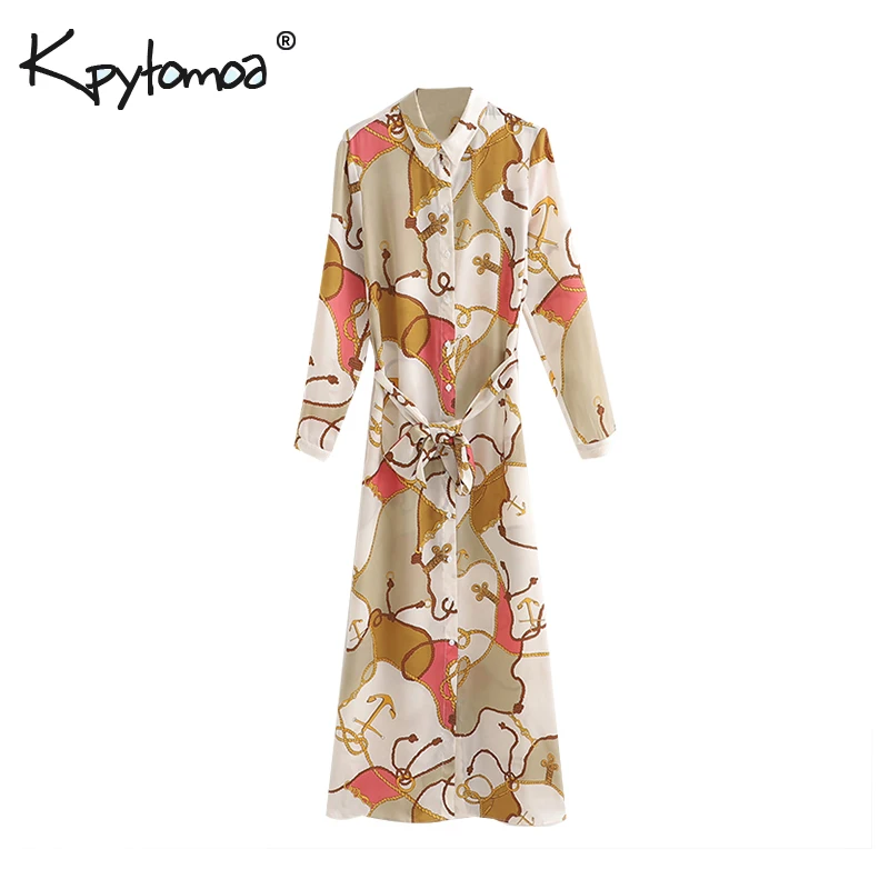

Vintage Chic Chains Print Long Dress Women 2019 Fashion Shirt collar Bow Tie Sashes Button Ladies Dresses Casual Vestidos Mujer