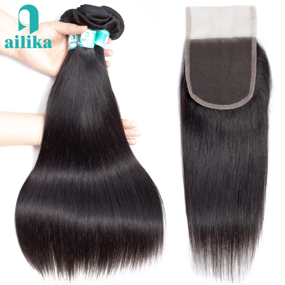AILIKA Straight Hair Peruvian Hair Bundles with Closure 100% Huaman Hair 3/4 Bundles 8-26 Inch Non-Remy Hair Extensions