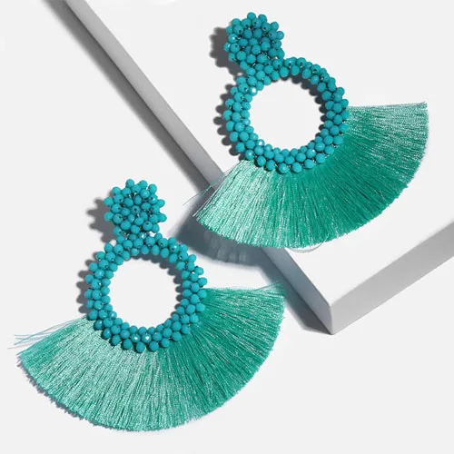 Bohemian Green Beaded Tassel Drop Earrings for Women Big Statement Earrings Female Wedding Fringe Hanging Earings - Окраска металла: 21