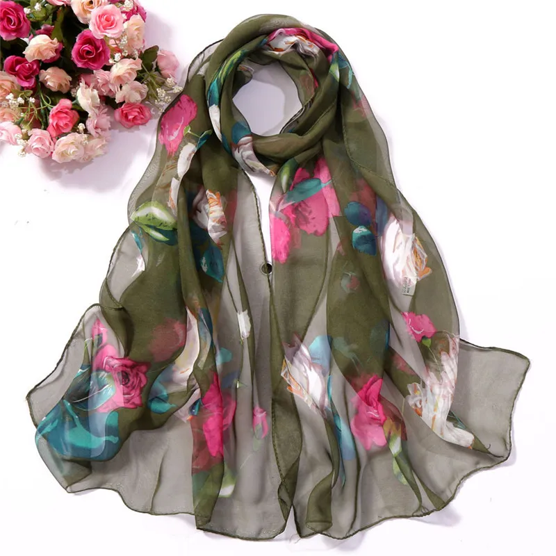 Fashion Women Roses Printing Long Soft Wrap Scarf Simulation Silk Shawl women's scarves handkerchief hijab scarf 40MA0610
