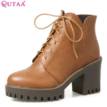 

QUTAA 2018 Pu Leather Fashion Women Ankle Boots Lace Up Square High Heel Round Toe Westrn Style Women Boots Size 34-43