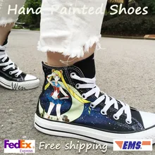 Вэнь ручная роспись Для женщин обувь Дизайн пользовательские Сейлор Мун черные высокие мужские и женские холст кроссовки для рождественские подарки