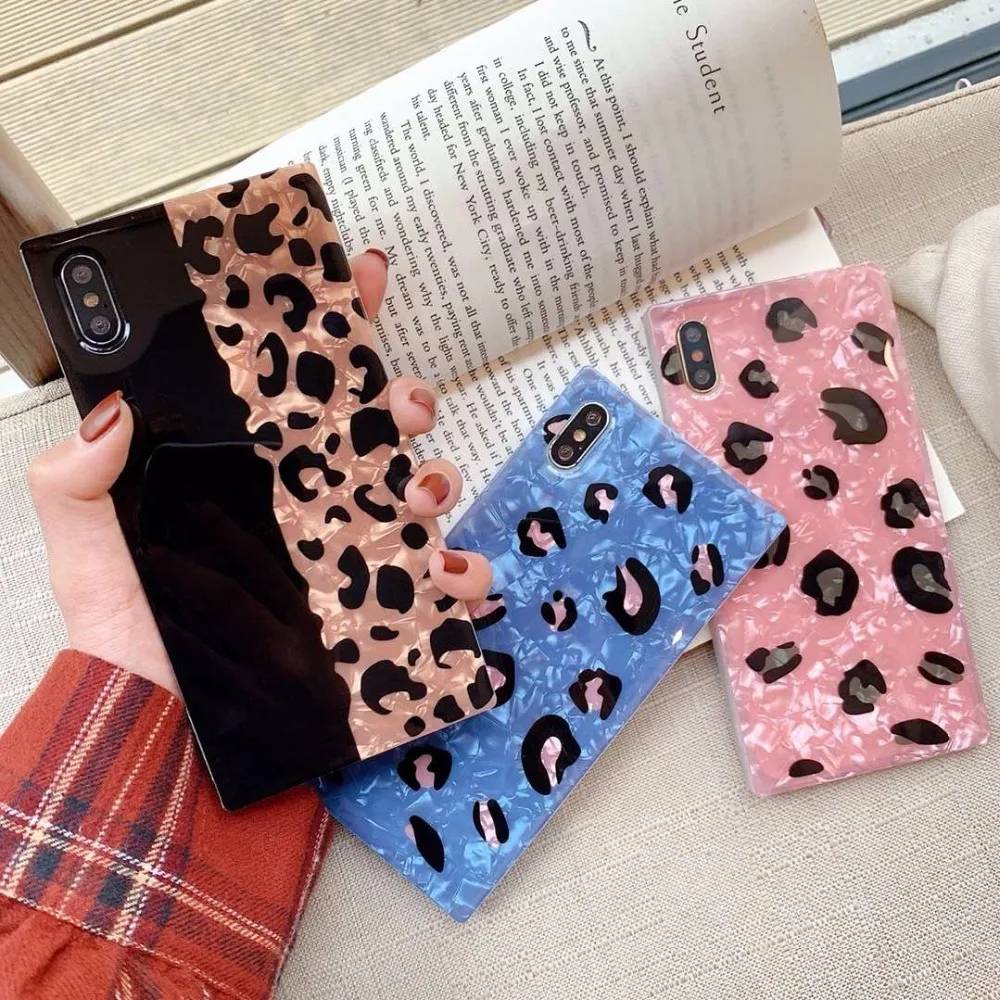 

Square Leopard spot phone case For iphone X XR XS Max for iphone 6 6s 7 8 Plus Bling glitter Fritillaria soft silicon case capa