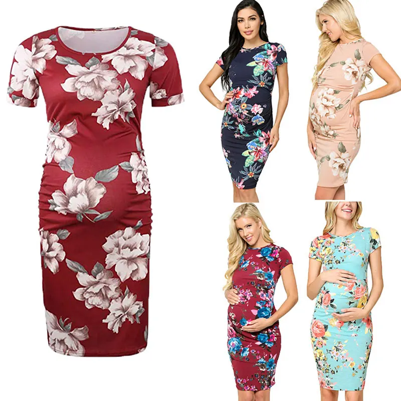 

5-piece package for women maternity clothes with Round neck side fold sprinting maternity dress casual short-sleeved dress women