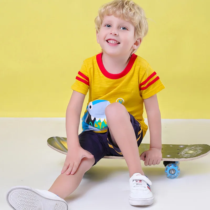 

New Infant Boys Summer Vestdos Children 100% Cotton Clothes Baby Boys Cartoon Print Short Sleeve T-shirt and Shorts 2PCS Suit