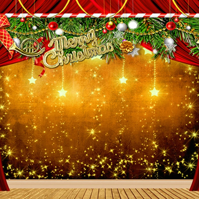 Merry Christmas Photography Backdrops Gold Stars Wooden Floor Green Pine Branch fotografie achtergronden Photo Studio Background