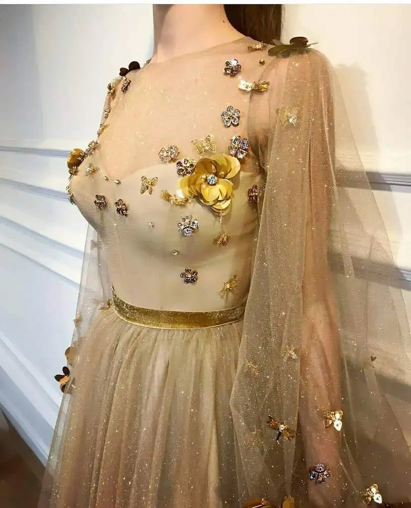 Саудовская Арабская Золотая 3D цветок Формальные платья пышные Длинные рукава трапециевидные скромные фатиновые платья для выпускного вечера с круглым вырезом Robe De Soiree