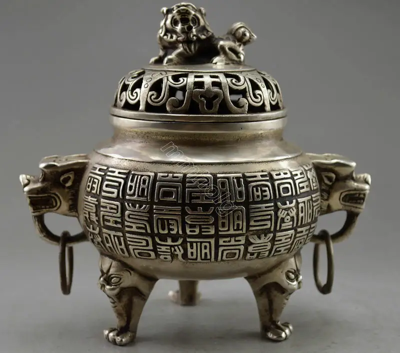 Коллекционная декорированная старинная ручная работа тибетский серебряный дракон персонаж благовония горелка статуя