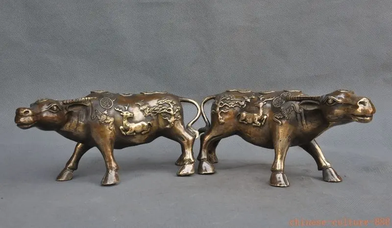 

Crafts statue old chinese fengshui bronze deer animal Ox bull oxen cattle lucky statue pair halloween