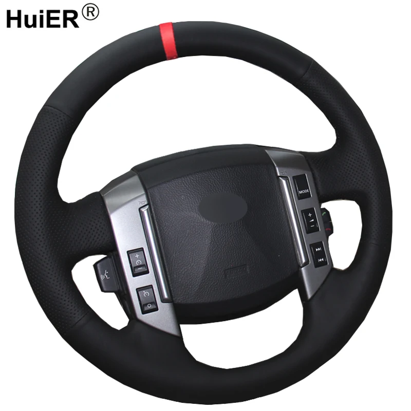 

HuiER Hand Sewing Car Steering Wheel Cover Red Marker For Land Rover Discovery 3 2004-2009 Comfortable Breathable Car Styling