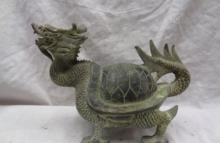 

S2642 10" Folk Chinese Bronze Wealth FengShui Longevity Dragon Turtle Statue Sculpture D0318