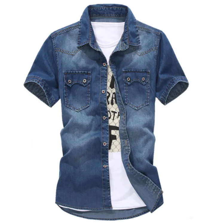 2015 New Design Men Denim Shirts Casual Shot Sleeve Slim Fit Shirt For