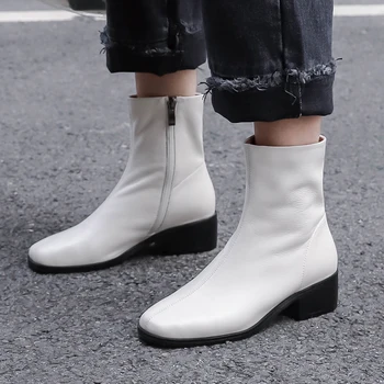 

Women's genuine leather side zip flats ankle boots square toe autumn short booties high quality short booties shoes for women