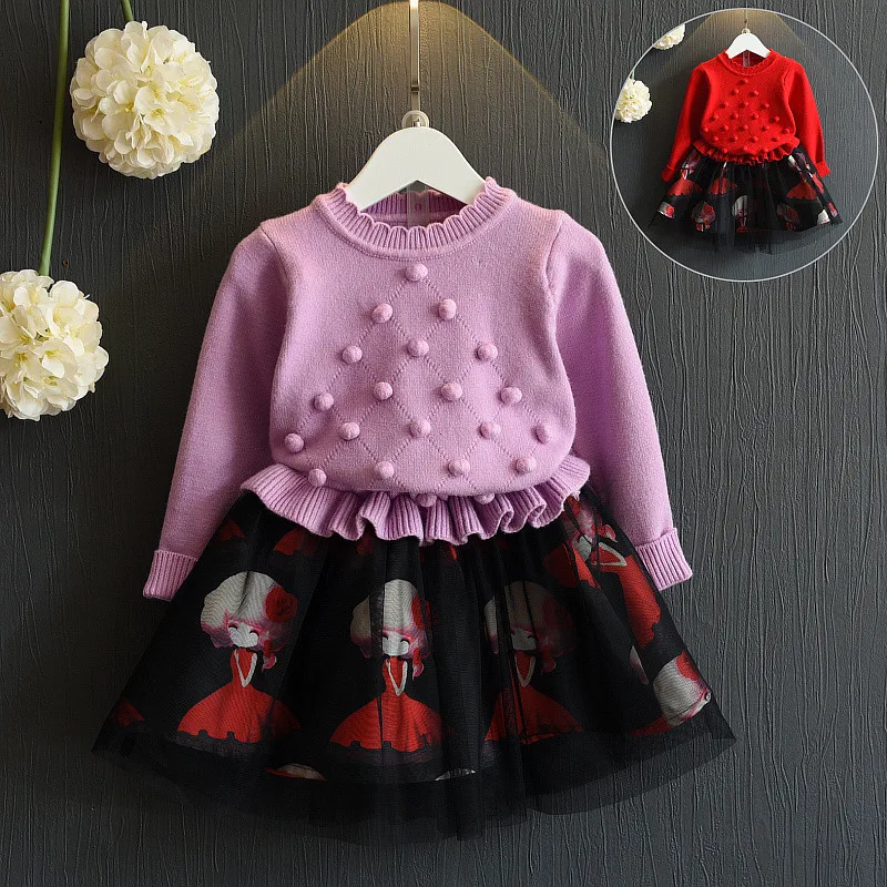 

Girls Knitted Dress 2019 Autumn Winter Clothes Toddler Kids Crochet Pullovers Patchwork Dress Cotton Christmas warm Dresses