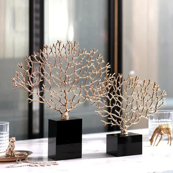 

Luxurious Golden Metal Coral Statues Sculptures Black Crystal Decor Crafts Gifts Figurines Desktop Home Decoration Accessories