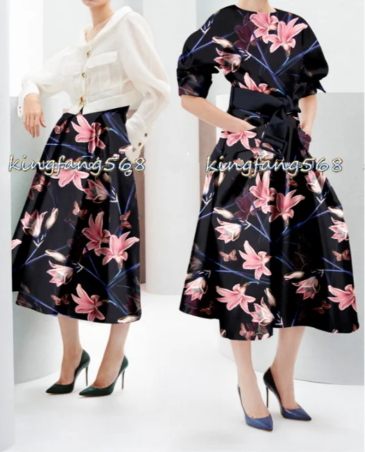 

designer 93% silk 7% spandex stretch satin culottes yellow and red apparel fabric blooming lilies 1meter U643