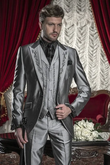 Embroidery Groomsmen Tuxedos(Jacket+Pants+Vest) White Groom Wedding Men Suit Set Prom Mens Suits Blazers Terno Masculino - Color: same as image