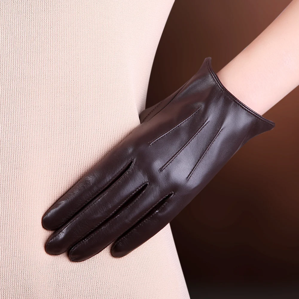 Touchscreen Genuine Leather Gloves Female Thin Style Plus Velvet Keep Warm Driving Short Style Thicken Sheepskin Gloves  FL001