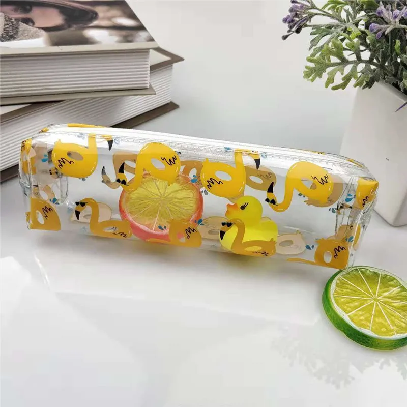 

1pcs kawaii Pencil Case transparent Jelly bag Cute Yellow Flamingo pattern School Supplies Pencil Box Gift Stationery Student