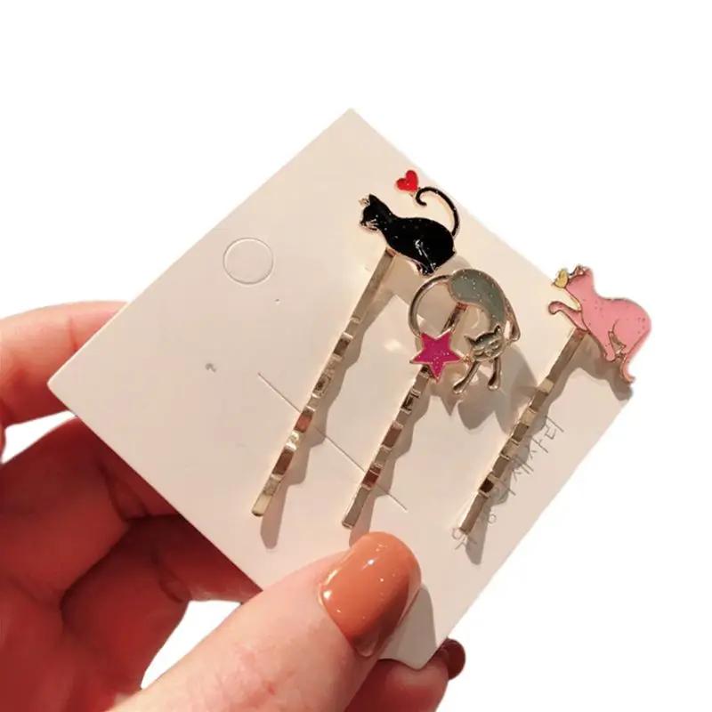 

Women Styling One Word Wavy Hairpin Cute Drop Oil Heart Tail Meow Cat Hair Clip Polished Metal Alloy Side Bang Barrettes