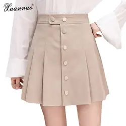 XuanNuo Для женщин плиссированная юбка осень Кнопка Высокая Талия юбки из искусственной кожи Повседневное Стиль Мини-юбки Женская мода новый