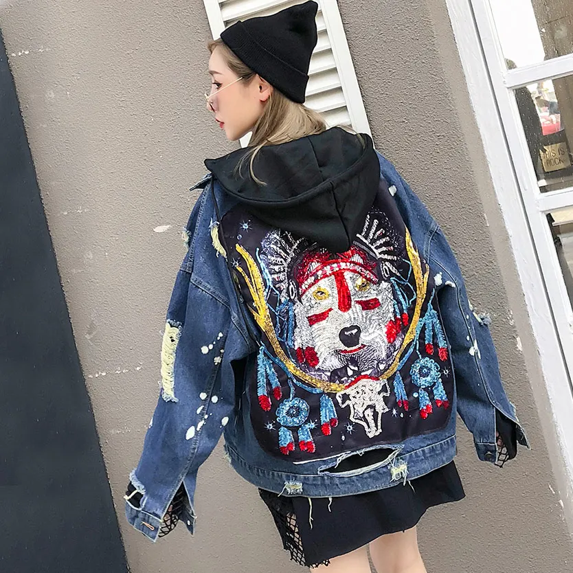 

TREND-Setter 2018 Autumn New Women Denim Jacket Hooded Sequins Wolf On the Back Graffiti and Hole Jean Jacket and Coat