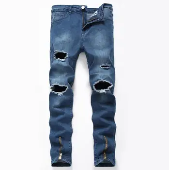 

New Arrival Spring Summer Men's Knee Holes Blue Skinny Jeans Destroyed Ripped Zippers High Elastic Hip Hop Pants US Size 28-42