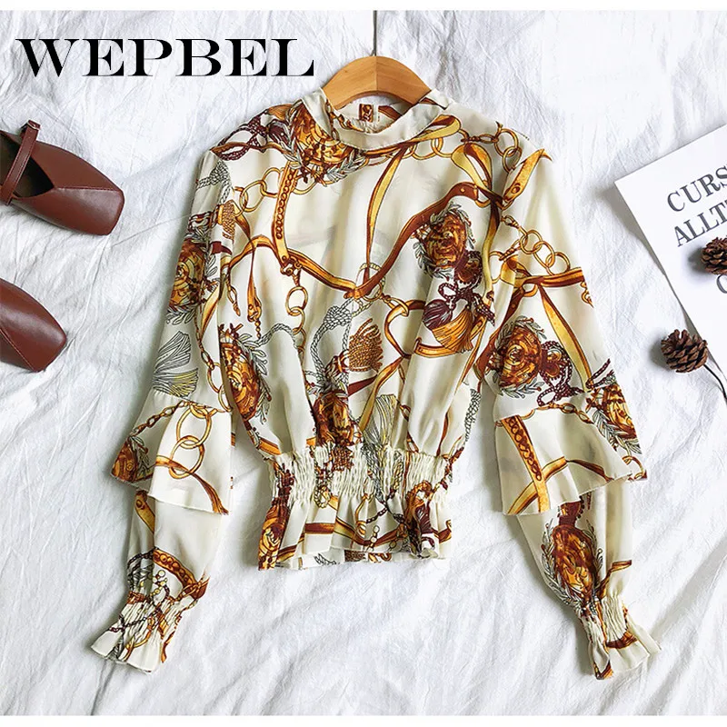

Wepbel Summer Fashion Womens Tops And Blouses Long Sleeve Chain Print Shirt Elegant Elastic Waist Blouse