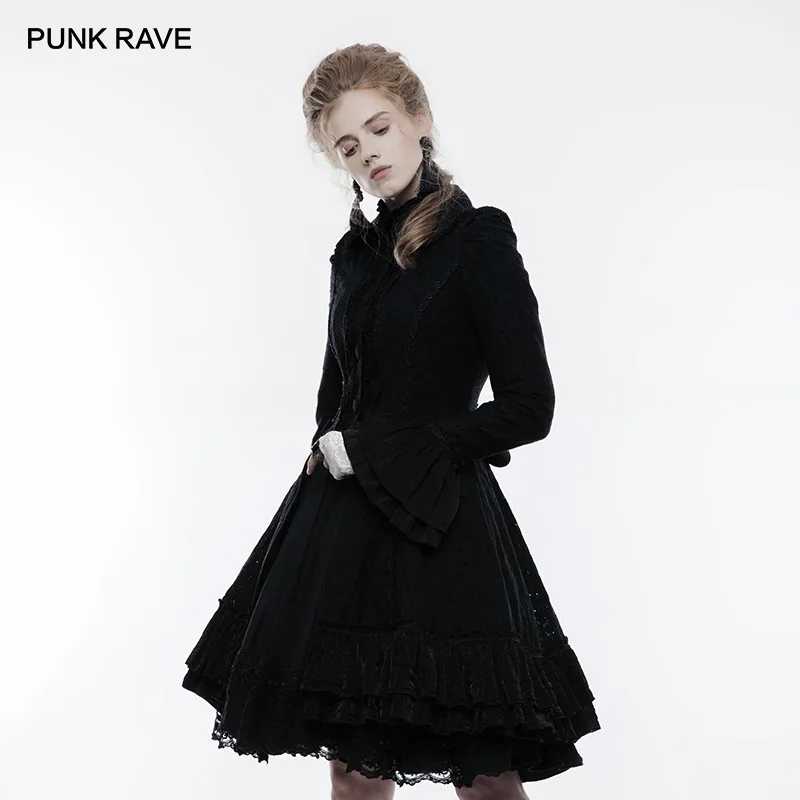 

PUNK RAVE Women's Lolita Mid-length Hollow Out Lace Overcoat Gothic Party Club Coat Stage Performance Windbreaker Women Jacket