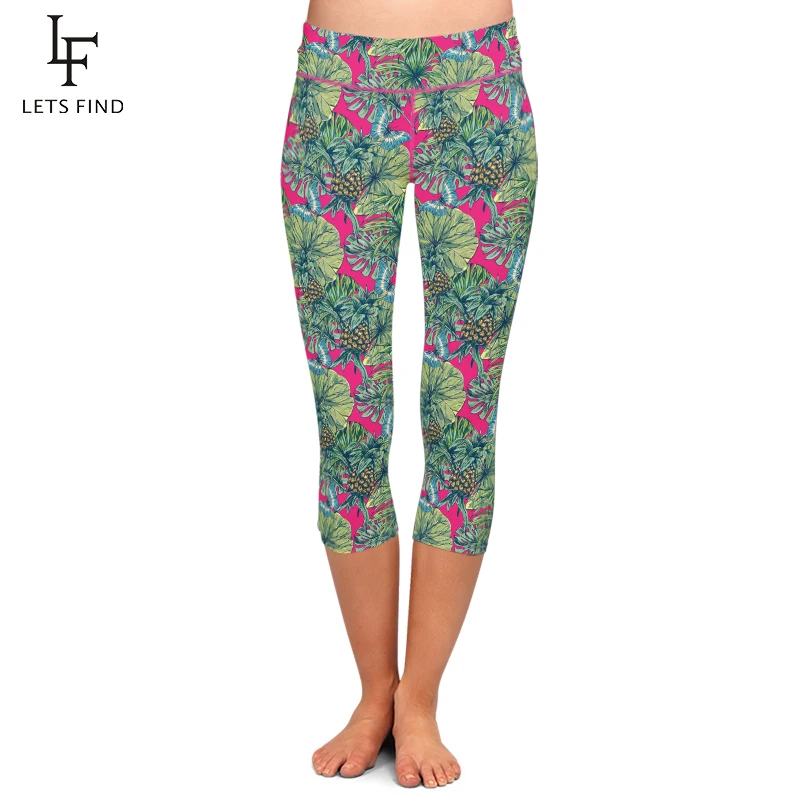 LETSFIND  Fashion Workout Leggings High Elastic Milk Silk Pineapple Printed Casual Leggings High Waist Summer Capri Leggings nadanbao 2022 ireland carnival clothes st patrick s day four leaf leggings cute cat printed tights high waist workout pants