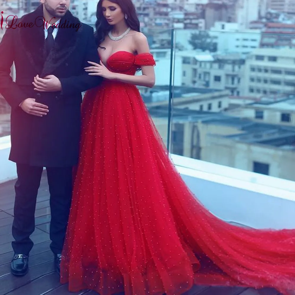 

iLoveWedding 2019 New Arrival Gorgeous Red Pearls Beaded Custom made Off the Shoulder A Line Elegant Prom Dresses