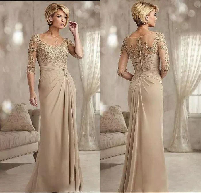 2019 Nieuwe Moeder Van De Bruidegom Jurken Lange V-hals Chiffon Bruiloft Gast Jurk Half Mouwen Formele Avondjurken 2019 Nieuwe Moeder Van De Bruidegom Jurken Lange V-hals Chiffon Bruiloft Gast Jurk Half Mouwen Formele Avondjurken