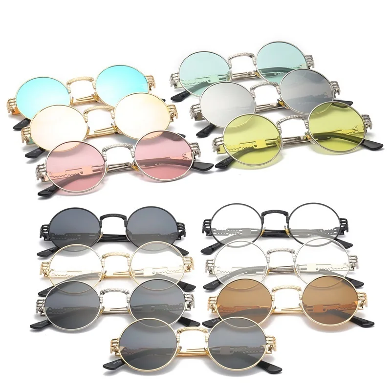 Round Gothic Steampunk Metal Sunglasses Men Women Vintage Driving HD Mirror Sun Glasses Eyewear Retro Shades Oculos De Sol UV400