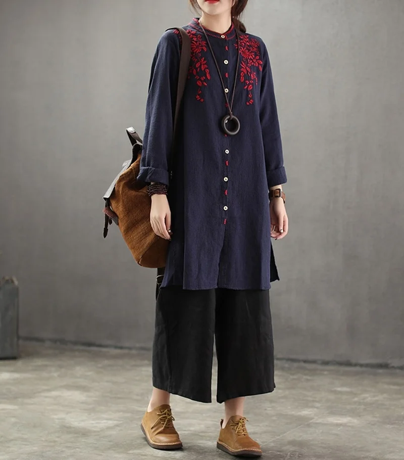 Традиционная китайская рубашка женская одежда осенний длинный плащ с вышивкой Harajuku винтажный Дамский китайский топ TA1641 - Цвет: 2