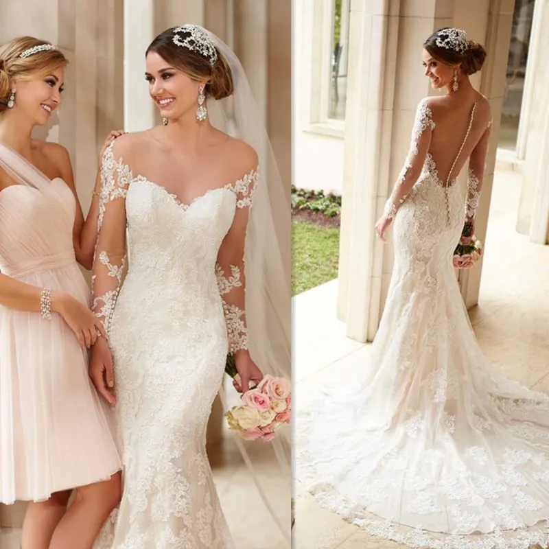 

Tempting Illusion Tulle Scoop Neckline Long Sleeves Wedding Dress with Full Lace Applique Long Sleeves Mermaid Bridal Dress