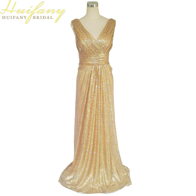 Hot Selling Rose Gold Sequins Bridesmaid Dresses V neck Long Floor Length Bling Bridesmaid Gowns