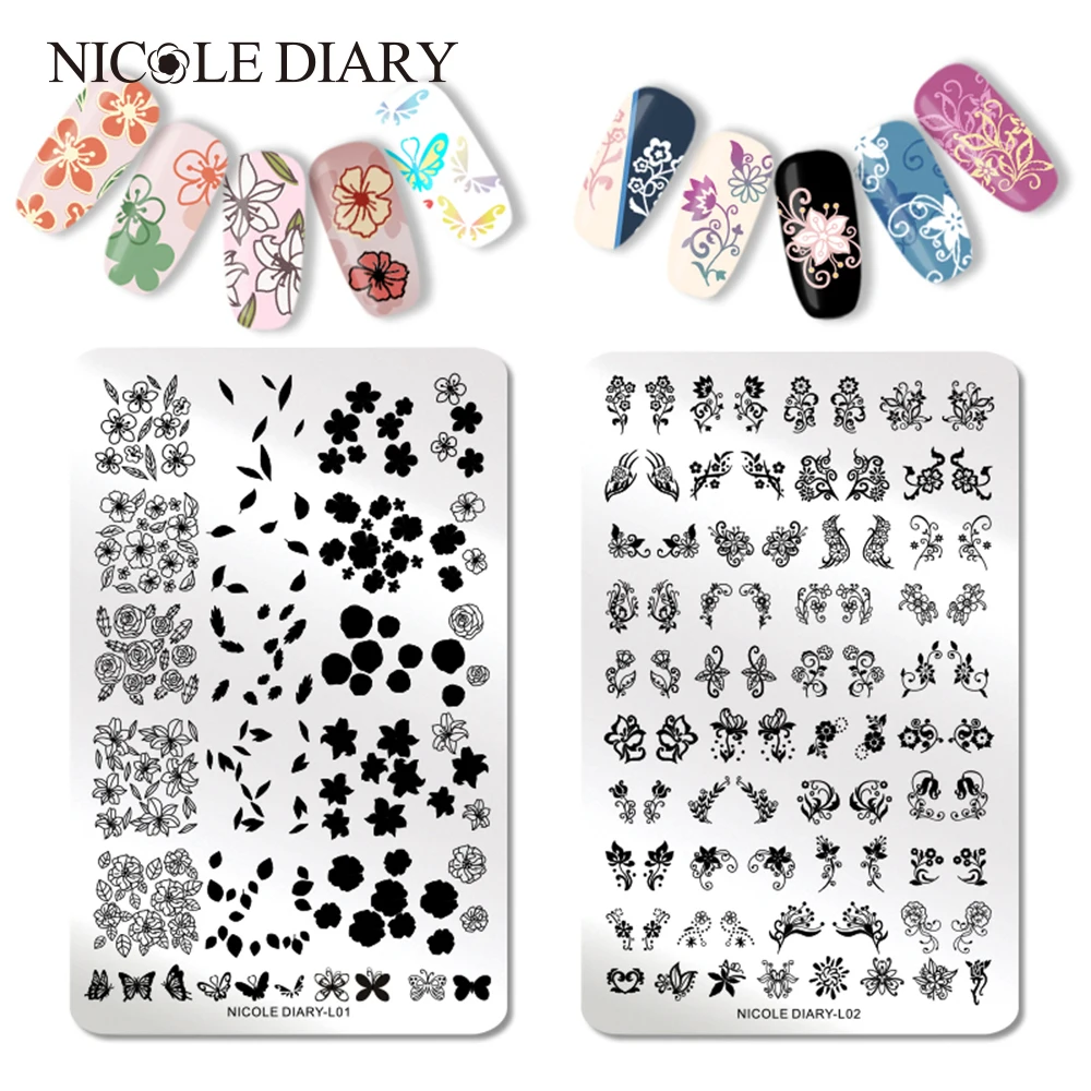 Трафареты NICOLE DIARY для стемпинга ногтей инструменты маникюра с изображением роз и
