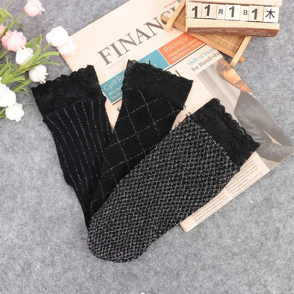Хит продаж 1 пара коротких носков серебристые яркие блестящие кружевные дышащие