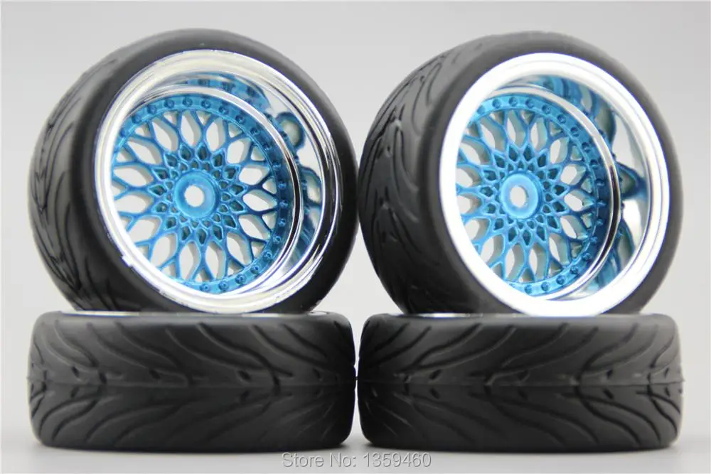 4pcs 1/10 RC Soft Rubber Touring Tire Tyre(Devil) Wheel Rim Y12CB(Chrome+Painting Blue)3/6/9mm offset for 1:10 Touring Car 10040