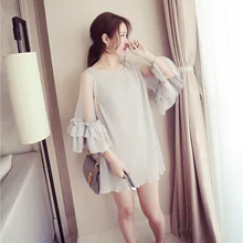 Летнее шифоновое женское платье в стиле Лолиты из сетчатой пряжи с расклешенными рукавами без бретелек, плиссированное свободное платье с оборками, серое, белое, черное платье