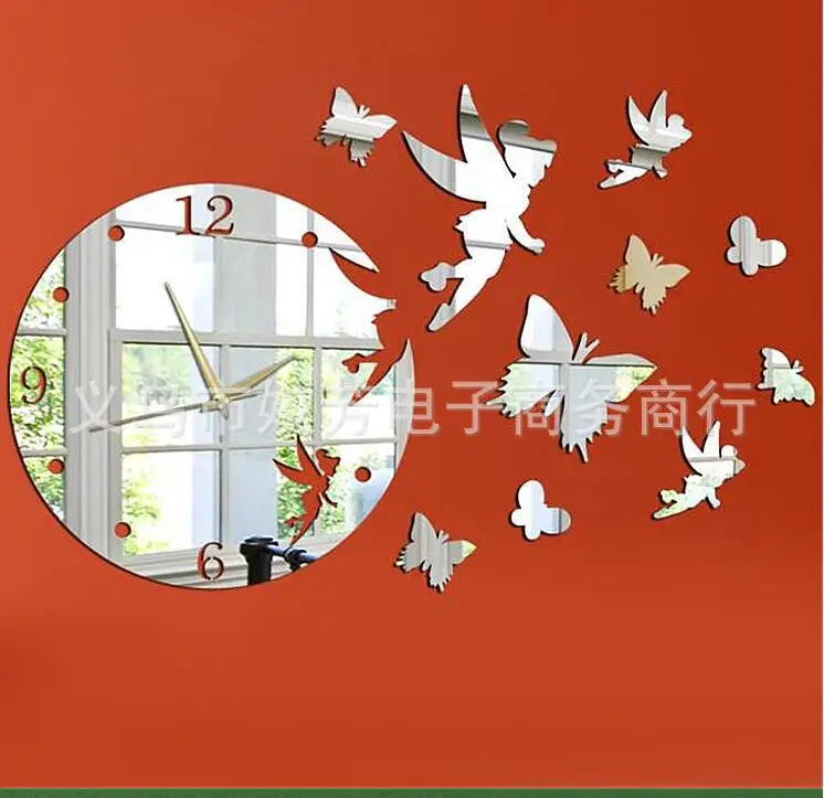 

Flying Butterfly acrylic mirror cartoon wall clock DIY quartz watch for Study bedroom decoration Creative 3d wall clock sticker
