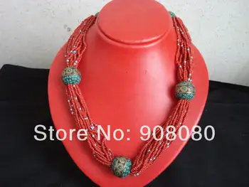 

TNL409 Tibetan handknotted red coral mini Beads necklace 28'' Tibet Nepal handmade beads necklaces Low MOQ