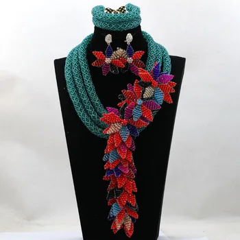 

Amazing Army Teal Green Wedding Nigerian Jewelry Set African Beads Flower Necklace Set Asoebi Jewellery Free Shipping WD147