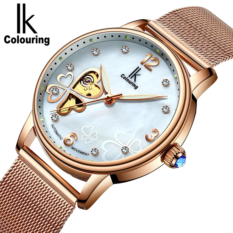 Fashion Watch Women's Four Leaf Clover Floral Crystal Skeleton Luminous Auto Mechanical Wristwatch with Box Free Ship