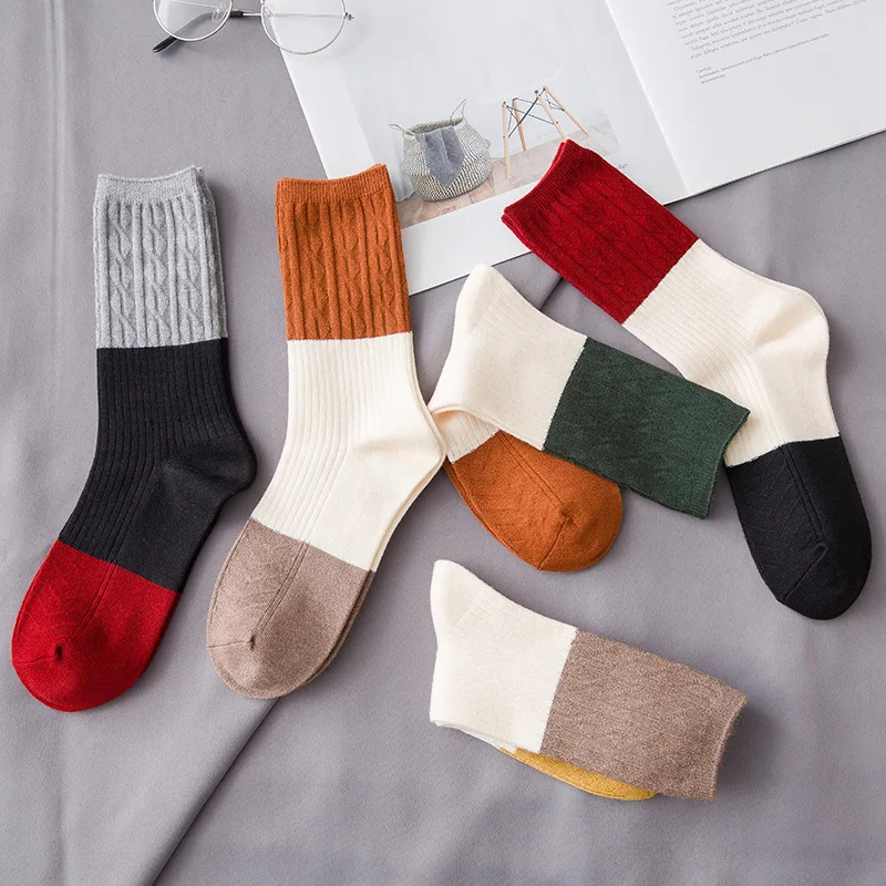 

Winter new women's thick warm color matching stripes fashion casual high-end wool socks Harajuku vintage cotton socks